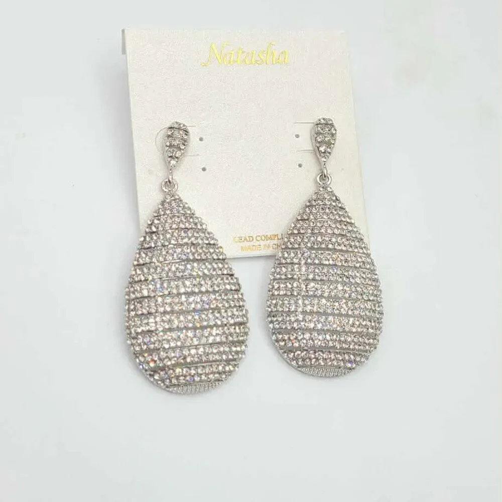 Natasha Large Long Silver Tone Crystal Earrings NWT!